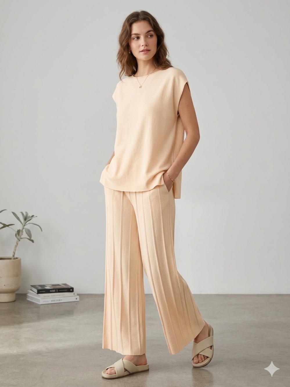 Sleeveless Top and Wide-Leg Knit Pants in Soft Cream